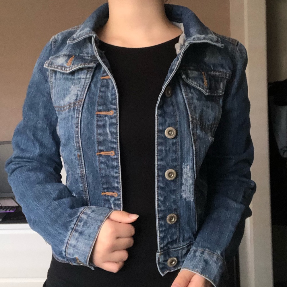 Jean jacket with reversible hood.